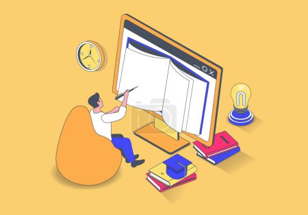 Photo for Online education concept in 3d isometric design. Man making homework at computer, reading digital books or textbooks, studying distantly. Illustration with isometry people scene for web graphic. - Royalty Free Image