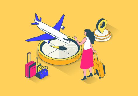 Photo for Travel vacation concept in 3d isometric design. Woman with suitcase planning weekend, booking airlines ticket and flying to resort tour. Illustration with isometry people scene for web graphic. - Royalty Free Image