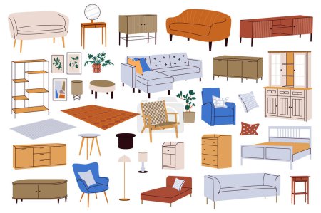 Photo for Interior furniture mega set in flat design. Bundle elements of different types of sofas, tables, bookcases, paintings, armchairs, lamps, pillows, other. Illustration isolated graphic objects - Royalty Free Image