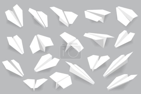 Téléchargez les photos : Avions en papier réalistes méga ensemble dans le design plat. Bundle éléments de différentes vues des avions d'origami faits à la main blanc pour l'idée d'affaires ou des chants de message. Illustration objets graphiques isolés - en image libre de droit