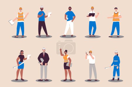 Photo for People work as engineers set in flat design. Men and women with helmets hold blueprints, architects, technician and builders. Bundle of diverse characters. Illustration isolated persons for web - Royalty Free Image