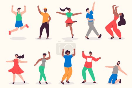 Photo for People dancing set in flat design. Men and women dance to music at disco, dancers at party, performance and entertainment. Bundle of diverse characters. Illustration isolated persons for web - Royalty Free Image