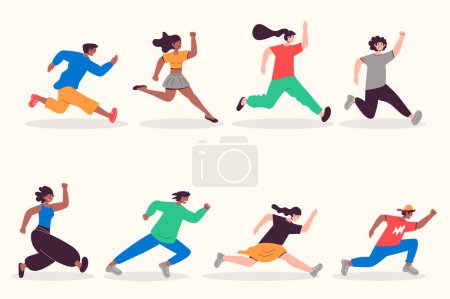 Photo for People running set in flat design. Happy men and women run and hurry, sport competition or aspiration direction metaphor. Bundle of diverse characters. Illustration isolated persons for web - Royalty Free Image