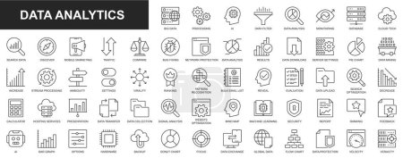 Photo for Data analytics web icons set in thin line design. Pack of database, big data process, ai, monitoring, traffic, hosting service, optimization, backup, chart and other. Outline stroke pictograms - Royalty Free Image