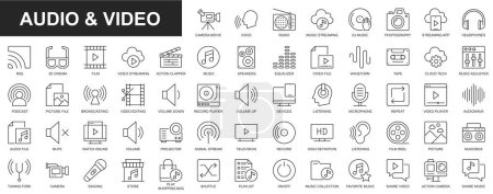 Photo for Audio and video web icons set in thin line design. Pack of camera movie, voice, radio, music streaming, photography, headphones, cinema, podcast, broadcasting, other. Outline stroke pictograms - Royalty Free Image