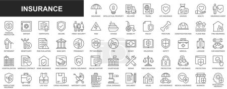 Photo for Insurance web icons set in thin line design. Pack of intellectual property, travel, life, savings, health, financial protection, deposit, certificate secure, other. Outline stroke pictograms - Royalty Free Image