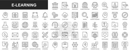 Photo for E-learning web icons set in thin line design. Pack of university, online education, knowledge, global, audio book, video lesson, course, cloud processing, test, other. Outline stroke pictograms - Royalty Free Image