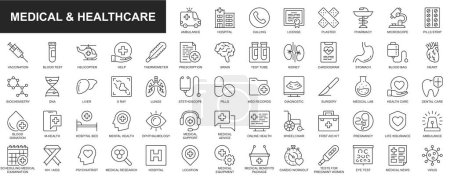 Web-Icons für Medizin und Gesundheitswesen in dünnem Design. Pack krankenwagen, krankenhaus, telefonieren, lizenz, apotheke, mikroskop, impfung, hilfe, gesundheitsversorgung, andere. Umrisslinien-Piktogramme