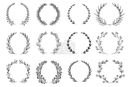 Photo for Ornamental branch wreathes set in hand drawn design. Laurel leaves wreath and decorative branch bundle. Different types of herbs, twigs with flowers and plants elements. Floral decoration. - Royalty Free Image
