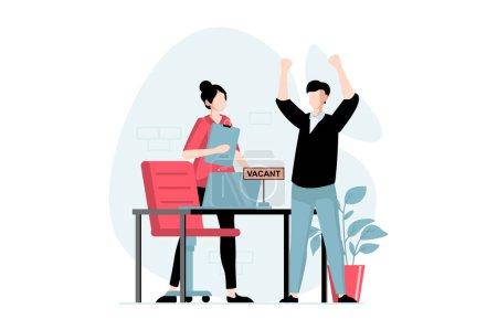 Illustration for Employee hiring process concept with people scene in flat design. Woman HR manager interviews candidate and hires man for position in staff. Vector illustration with character situation for web - Royalty Free Image