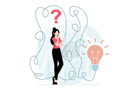 Finding solution concept with people scene in flat design. Woman thinks about questions and looks for right way to discover answers and new ideas. Vector illustration with character situation for web