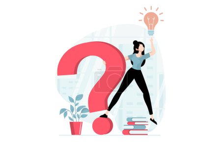 Illustration for Finding solution concept with people scene in flat design. Woman generates new ideas and brainstorming, creates solutions and solves problem. Vector illustration with character situation for web - Royalty Free Image