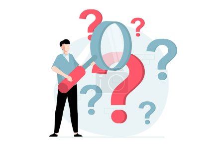 Illustration for Finding solution concept with people scene in flat design. Man with magnifier looking questions and finds answers, imagination and inspiration. Vector illustration with character situation for web - Royalty Free Image