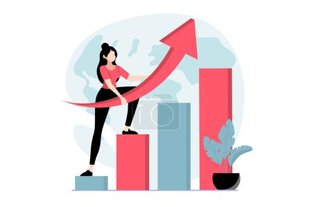 Global economic concept with people scene in flat design. Businesswoman analyzing data with growth arrow, investing money in company for profit. Vector illustration with character situation for web