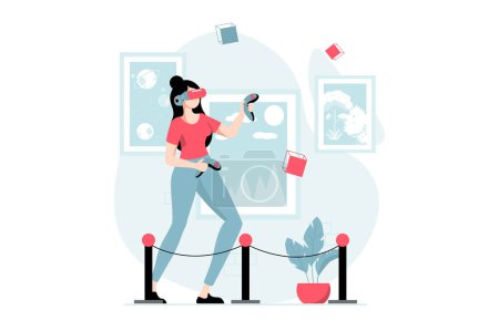 Illustration for Metaverse concept with people scene in flat design. Woman wearing VR headset and holding controllers getting experience in augmented simulation. Vector illustration with character situation for web - Royalty Free Image