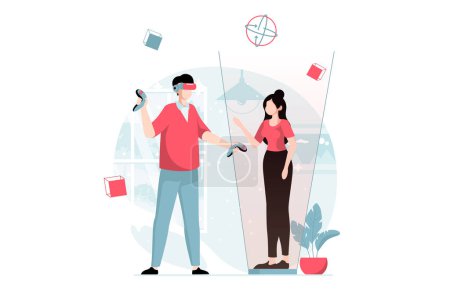 Illustration for Metaverse concept with people scene in flat design. Man wearing VR headset and holding controllers communicates with hologram avatar of woman. Vector illustration with character situation for web - Royalty Free Image