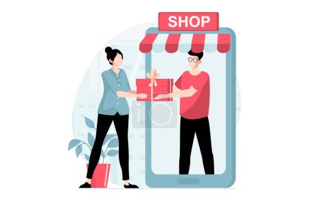 Mobile commerce concept with people scene in flat design. Woman makes online purchases, orders goods and delivery and receives gifts from man. Vector illustration with character situation for web