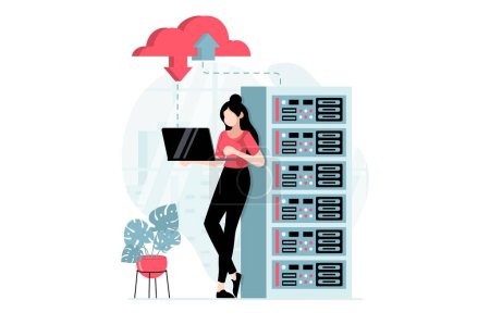 Illustration for SaaS concept with people scene in flat design. Woman working in server racks room with data files exchange and buying software subscription. Vector illustration with character situation for web - Royalty Free Image