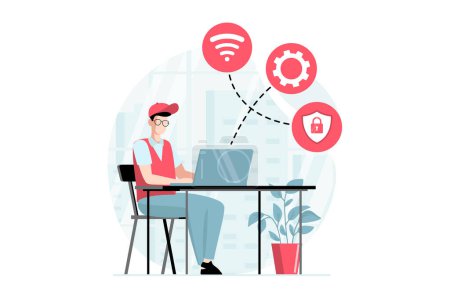 Illustration for Server maintenance concept with people scene in flat design. Man settings secure wi fi connection on laptop, fixing system and supports software. Vector illustration with character situation for web - Royalty Free Image
