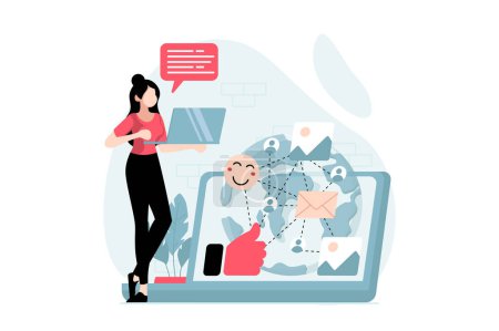 Illustration for Social network concept with people scene in flat design. Woman communicates online with friends from the world, publishes photos and likes posts. Vector illustration with character situation for web - Royalty Free Image