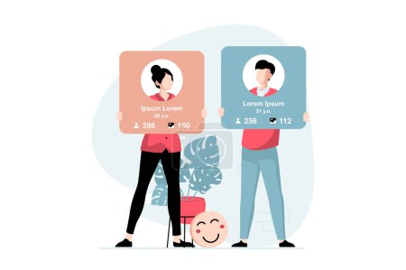 Social network concept with people scene in flat design. Man and woman maintain their online profiles in social networks, publish photos and posts. Vector illustration with character situation for web