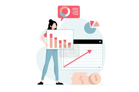 Illustration for Strategic planning concept with people scene in flat design. Woman works with business statistics, does market research and plans company goals. Vector illustration with character situation for web - Royalty Free Image