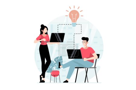 Illustration for Teamwork concept with people scene in flat design. Man and woman work on laptops in office, generate ideas, discuss tasks, collaborate on project. Vector illustration with character situation for web - Royalty Free Image