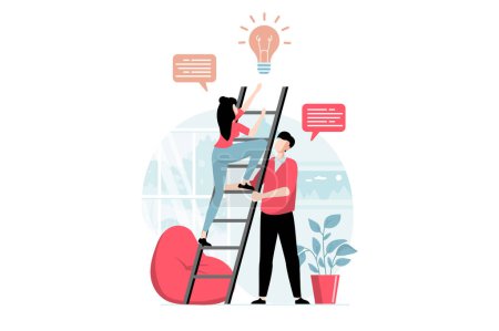 Illustration for Teamwork concept with people scene in flat design. Colleagues generate new ideas and brainstorming, woman climbs ladder and man supports her. Vector illustration with character situation for web - Royalty Free Image