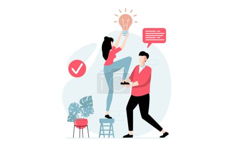 Illustration for Teamwork concept with people scene in flat design. Woman innovate new solutions and man supports her, colleagues collaborate and complete tasks. Vector illustration with character situation for web - Royalty Free Image