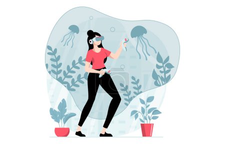 Illustration for Virtual reality concept with people scene in flat design. Woman in VR glasses learning and using controllers to researching underwater sea world. Vector illustration with character situation for web - Royalty Free Image