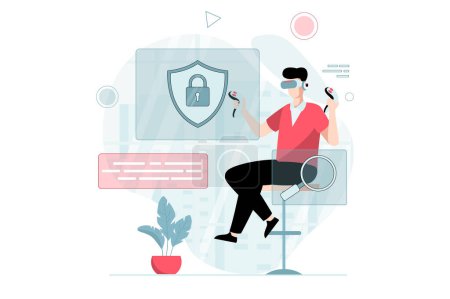 Illustration for Virtual reality concept with people scene in flat design. Man in VR glasses learning and using controllers to interacting with protection system. Vector illustration with character situation for web - Royalty Free Image