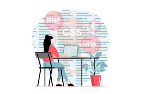 Illustration for Web development concept with people scene in flat design. Woman writes code in different computer languages, optimizes and configures software. Vector illustration with character situation for web - Royalty Free Image