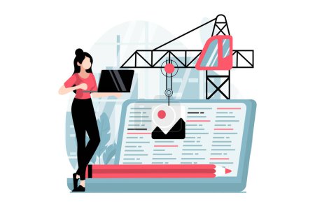 Illustration for Web development concept with people scene in flat design. Woman writes code and builds wireframe template, optimizes and configures software. Vector illustration with character situation for web - Royalty Free Image