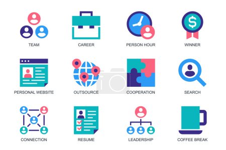 Illustration for Business People concept of web icons set in simple flat design. Pack of team, career, person hour, winner, outsource, cooperation, resume, leadership, connection. Vector pictograms for mobile app - Royalty Free Image