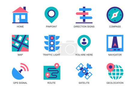 Illustration for Navigation concept of web icons set in simple flat design. Pack of home, pinpoint, direction signs, compass, map, traffic light, navigator, gps signal, satellite. Vector pictograms for mobile app - Royalty Free Image