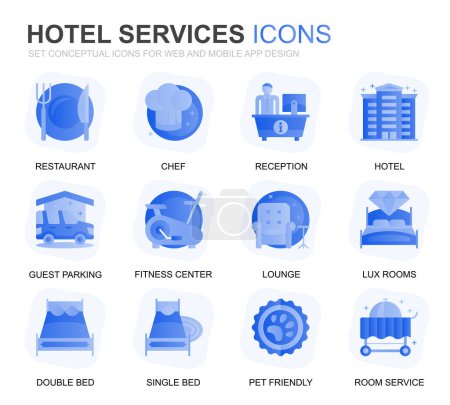 Illustration for Modern Set Hotel Service Gradient Flat Icons for Website and Mobile Apps. Contains such Icons as Restaurant, Room Services, Reception. Conceptual color flat icon. Vector pictogram pack. - Royalty Free Image