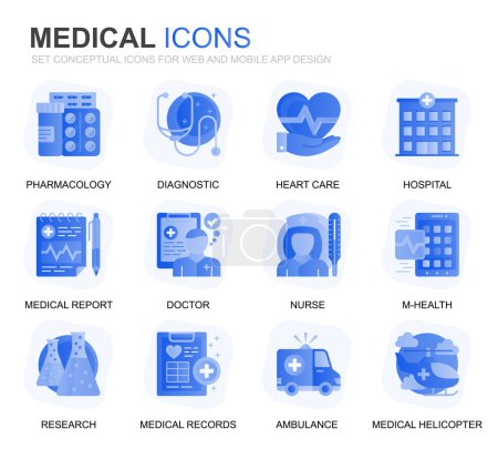 Illustration for Modern Set Healthcare and Medical Gradient Flat Icons for Website and Mobile Apps. Contains such Icons as Ambulance, First Aid, Research, Hospital. Conceptual color flat icon. Vector pictogram pack. - Royalty Free Image