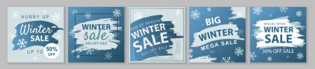 Illustration for Winter and Christmas Sale square template set for ads posts in social media. Blue layouts with snowflakes and discount prices. Suitable for mobile apps, banner design and web ads. Vector illustration. - Royalty Free Image