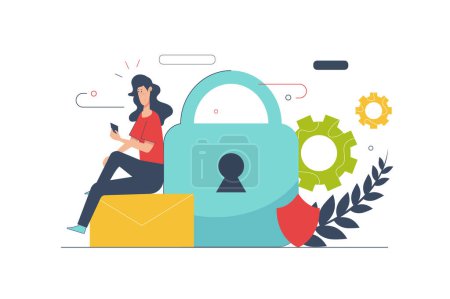 Cyber security concept with people scene in flat cartoon design. Woman using mobile apps with protection system for secure personal information. Vector illustration with character situation for web