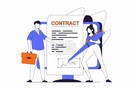 Business activities concept with people scene in flat outline design. Man and woman conclude agreement on partnership and signing contract. Vector illustration with line character situation for web