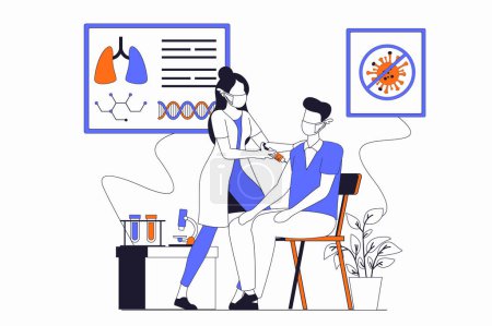 Illustration for Coronavirus concept with people scene in flat outline design. Nurse injects and vaccinates patient. Protection and prevention of viruses. Vector illustration with line character situation for web - Royalty Free Image