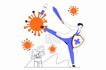 Illustration for Coronavirus concept with people scene in flat outline design. Doctor with sword and shield fights virus and protects health and immunity. Vector illustration with line character situation for web - Royalty Free Image