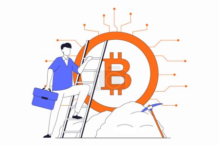 Illustration for Cryptocurrency mining concept with people scene in flat outline design. Man mines bitcoin on crypto farm to earn money and increase profits. Vector illustration with line character situation for web - Royalty Free Image