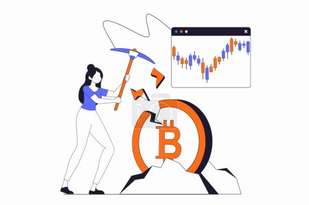 Illustration for Cryptocurrency mining concept with people scene in flat outline design. Woman with pickaxe mines bitcoins and analyzes online financial chart. Vector illustration with line character situation for web - Royalty Free Image