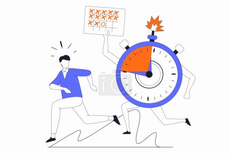 Illustration for Deadline concept with people scene in flat outline design. Man runs away from ticking clock. Employee hurry to perform work tasks in office. Vector illustration with line character situation for web - Royalty Free Image
