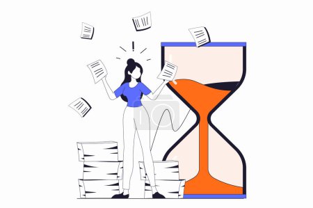 Illustration for Deadline concept with people scene in flat outline design. Woman trying to complete work tasks or paperwork before time runs out in hourglass. Vector illustration with line character situation for web - Royalty Free Image