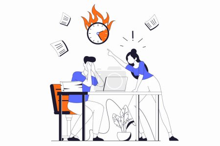 Illustration for Deadline concept with people scene in flat outline design. Angry boss screaming at upset manager while man trying to complete work tasks. Vector illustration with line character situation for web - Royalty Free Image
