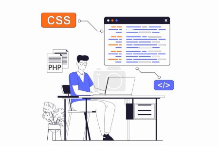 Illustration for Development and programming concept with people scene in flat outline design. Man writes code and creates programs, fixes bugs and tests. Vector illustration with line character situation for web - Royalty Free Image