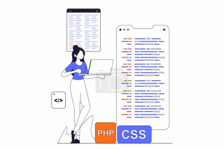 Illustration for Development and programming concept with people scene in flat outline design. Woman writes code and creates mobile apps, fixes bugs and tests. Vector illustration with line character situation for web - Royalty Free Image