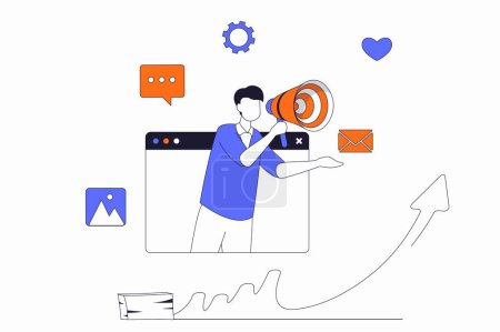 Illustration for Digital marketing concept with people scene in flat outline design. Man with megaphone making advertising campaign to audience in internet. Vector illustration with line character situation for web - Royalty Free Image